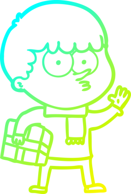 Bir insan tarafından çizilmiş bir hediye taşıyan tuhaf bir çizgi film karakteri çizimi.