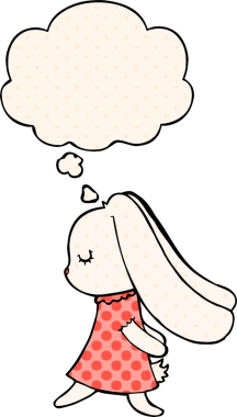 Bir insan tarafından çizilmiş çizgi roman tarzı düşünce baloncuğu olan sevimli çizgi film tavşanı.