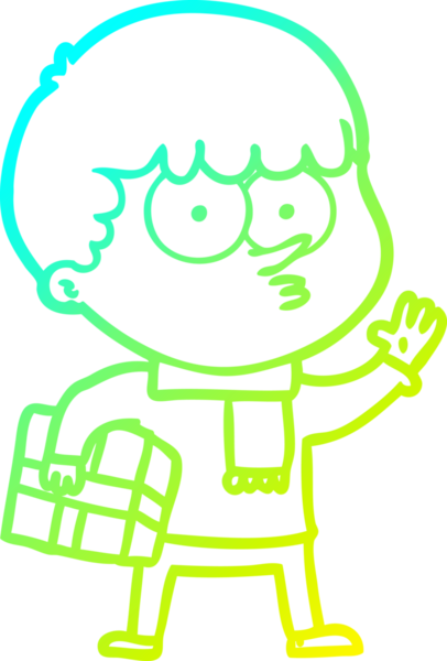 Bir insan tarafından çizilmiş bir hediye taşıyan tuhaf bir çizgi film karakteri çizimi.