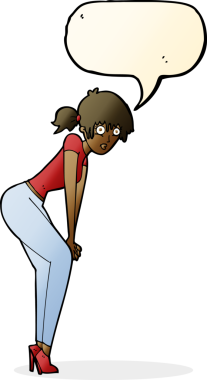 Bir insan tarafından çizilmiş konuşma balonuyla poz veren karikatür kadın.