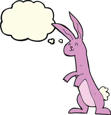 Bir insan tarafından çizilmiş düşünce kabarcığı olan çizgi film tavşanı.