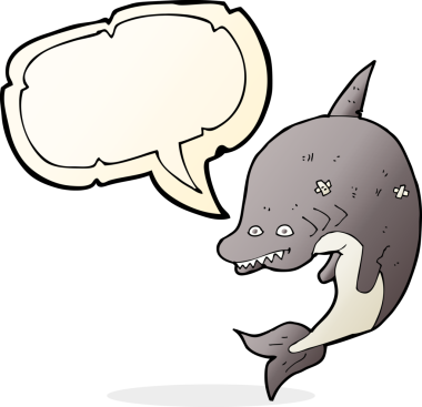 Bir insan tarafından çizilmiş konuşma baloncuklu çizgi film köpekbalığı.