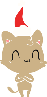 Bir insan tarafından çizilmiş Noel Baba şapkası takan mutlu bir kedinin düz renkli çizimi.