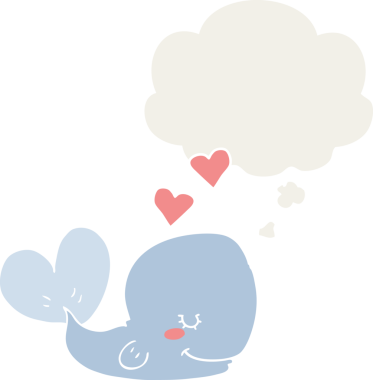 Düşünce baloncuğuna aşık çizgi film balinası insan tarafından çizilmiş.