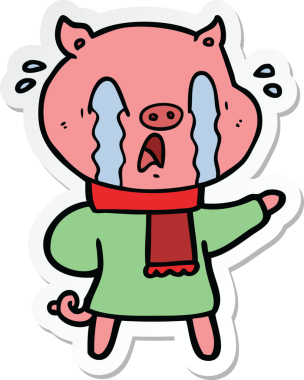 Bir insan tarafından çizilmiş insan kıyafetleri içinde ağlayan bir domuz çizgi filminin çıkartması.