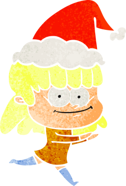 Bir insan tarafından çizilmiş Noel Baba şapkası giymiş gülümseyen bir kadının el çizimi karikatürü.