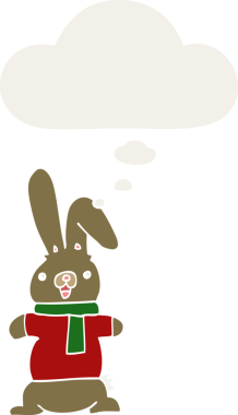 Düşünce baloncuklu çizgi film tavşanı insan tarafından çizilmiş.