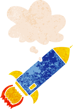 Düşünce baloncuklu çizgi film roketi grunge sıkıntılı retro desen bir insan tarafından çizilmiş