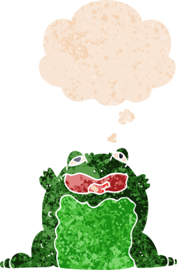 Düşünce baloncuklu çizgi film karakurbağası grunge sıkıntılı retro dokuma tarzı bir insan tarafından çizilmiş