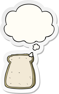 Düşünce baloncuklu bir ekmek dilimi insan tarafından çizilmiş bir çıkartma gibi.