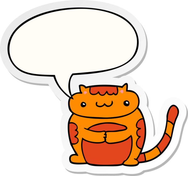 Bir insan tarafından çizilmiş baloncuk çıkartmalı şirin çizgi film kedisi.