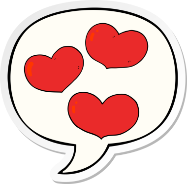 Bir insan tarafından çizilmiş konuşma balonu çıkartmalı karikatür aşk kalpleri.