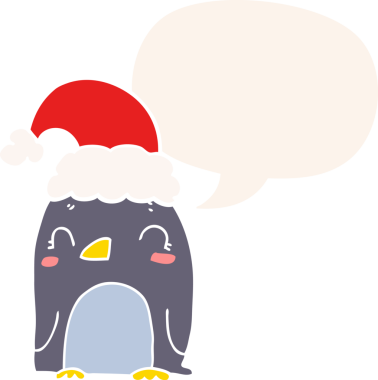 Bir insan tarafından çizilmiş retro tarzı konuşma baloncuğu olan sevimli bir Noel pengueni.