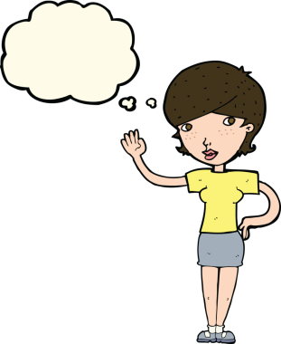 Bir insan tarafından çizilmiş düşünce baloncuğuyla el sallayan çizgi film kadını.