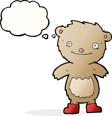 Bir insan tarafından çizilmiş düşünce baloncuklu çizme giyen oyuncak ayı.