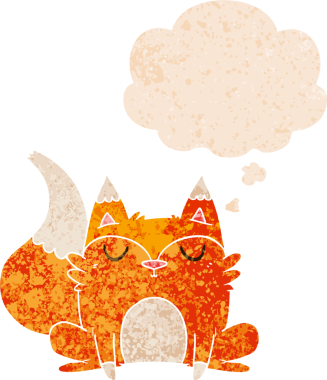 Düşünce baloncuğu ile çizgi film tilkisi grunge sıkıntılı retro dokuma bir insan tarafından çizilmiş