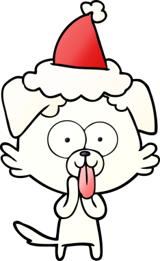 Bir insan tarafından çizilmiş Noel Baba şapkası giymiş bir köpeğin el çizimi çizgi filmi.