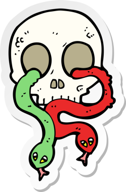 Bir insan tarafından çizilmiş yılanlı karikatür kafatası çıkartması.