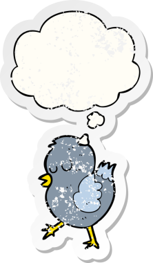 Düşünce baloncuğu olan çizgi film kuşu insan tarafından çizilmiş yıpranmış bir çıkartma gibi.