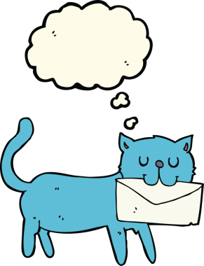 Bir insan tarafından çizilmiş düşünce baloncuklu mektup taşıyan çizgi film kedisi.