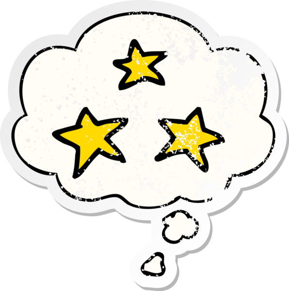 Düşünce baloncuğu olan çizgi film yıldızları insan tarafından çizilmiş yıpranmış bir çıkartma gibidir.