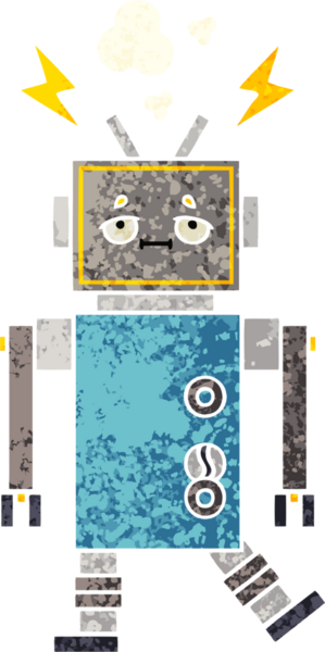 Bir insan tarafından çizilmiş arızalı bir robotun retro çizim tarzı karikatürü