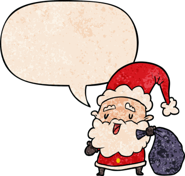 Çizgi film Noel Baba, insan tarafından çizilmiş eski moda konuşma balonlu hediyeler taşıyor.