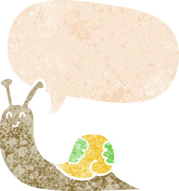 Tatlı çizgi film salyangozu ile konuşma balonu grunge sıkıntılı retro dokuma tarzı bir insan tarafından çizilmiş