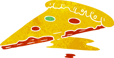 Bir insan tarafından çizilmiş bir dilim pizzanın retro karikatürü.