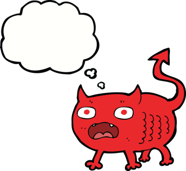 Bir insan tarafından çizilmiş düşünce balonlu küçük şeytan.