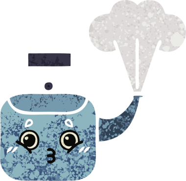 Bir insan tarafından çizilen dumanı tüten bir çaydanlığın retro çizim tarzı karikatürü