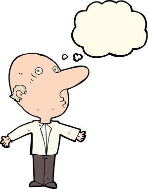 Bir insan tarafından çizilmiş düşünce baloncuğuyla kafası karışmış orta yaşlı bir adam.