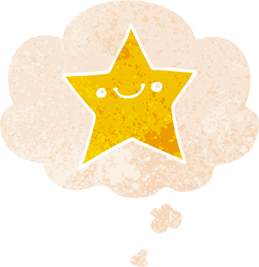 Mutlu çizgi film yıldızı. Düşünce baloncuğu ve grunge 'da sıkıntılı retro tarzı olan bir insan tarafından çizilmiş.