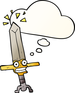 Düşünce baloncuklu sihirli kılıç bir insan tarafından çizilmiş.