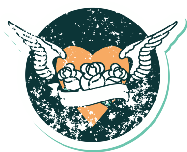 İkonik sıkıntılı dövme stili kanatlı kalp resmi çiçekler ve bir insan tarafından çizilmiş pankart