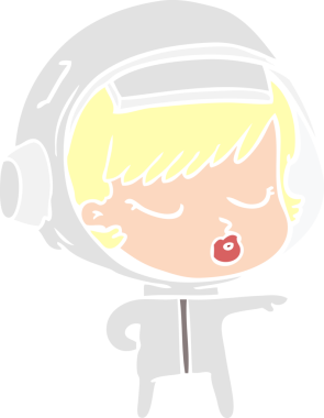 Düz renkli çizgi film. Güzel astronot kız bir insan tarafından çizilmiş.