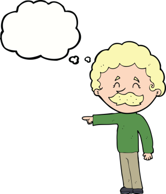 Çizgi filmdeki bıyıklı adam bir insan tarafından çizilmiş düşünce balonuyla işaret ediyor.