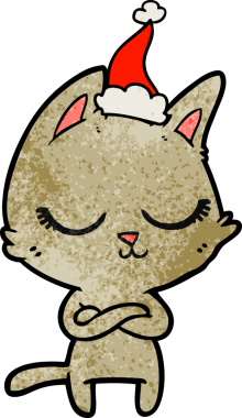 Sakin bir el çizimi, bir insan tarafından çizilmiş Noel Baba şapkası takan bir kedinin çizimi.