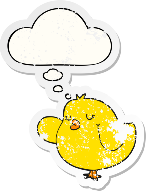 Düşünce baloncuğu olan çizgi film kuşu insan tarafından çizilmiş yıpranmış bir çıkartma gibi.