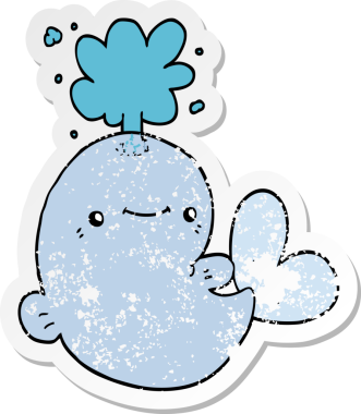 Bir insan tarafından çizilmiş su fışkırtan karikatür balinasının sıkıntılı etiketi.