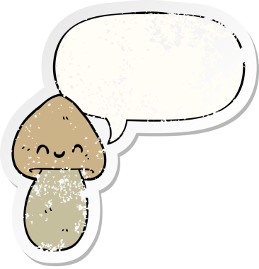 Konuşma baloncuğu olan çizgi film mantarı bir insan tarafından çizilmiş sıkıntılı eski bir çıkartma