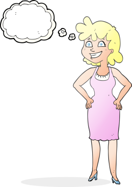 Düşünce baloncuğu çizimi, mutlu kadın bir insan tarafından çizilmiş elbise.