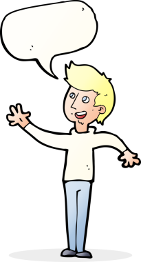 Bir insan tarafından çizilmiş konuşma baloncuğuyla el sallayan çizgi film adamı.