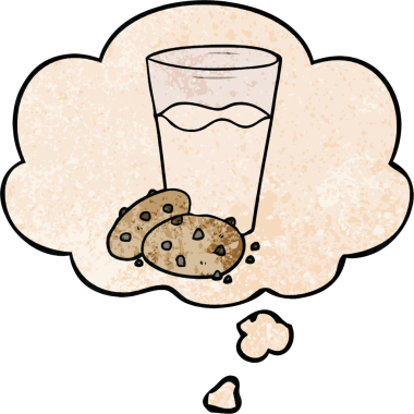 Düşünce baloncuklu çizgi film kurabiyeleri ve süt bir insan tarafından çizilmiş grunge desen tarzı.