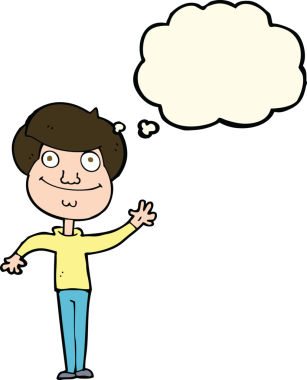 Bir insan tarafından çizilmiş düşünce baloncuğuyla el sallayan mutlu bir adam.