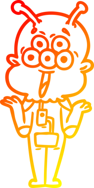 Bir insanın omuzlarını silkeleyen mutlu bir uzaylı çizgi filminin çizimi.