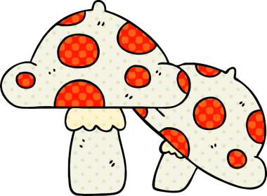 Bir insan tarafından çizilmiş çizgi roman tarzı tuhaf mantarlar.