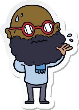 Bir insan tarafından çizilmiş sakallı ve gözlüklü endişeli bir karikatür çıkartması.