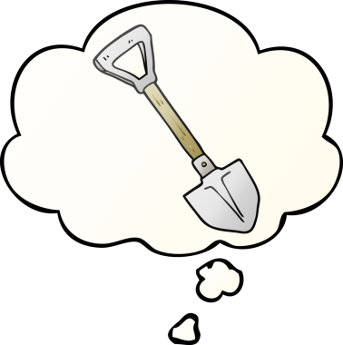 Düşünce baloncuğu olan çizgi film küreği, bir insan tarafından çizilmiş düzgün gradyan stil.