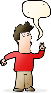 Bir insan tarafından çizilmiş konuşma balonuyla barış işareti yapan çizgi film adamı.